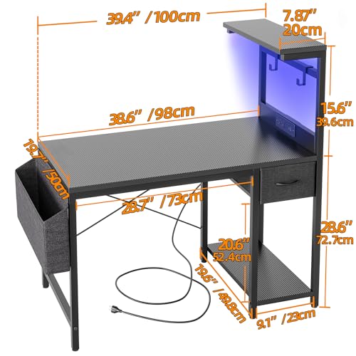 40 Inch Gaming Desk with Power Outlet & LED Light - Reversible Shelves, Carbon Fiber Surface, Black