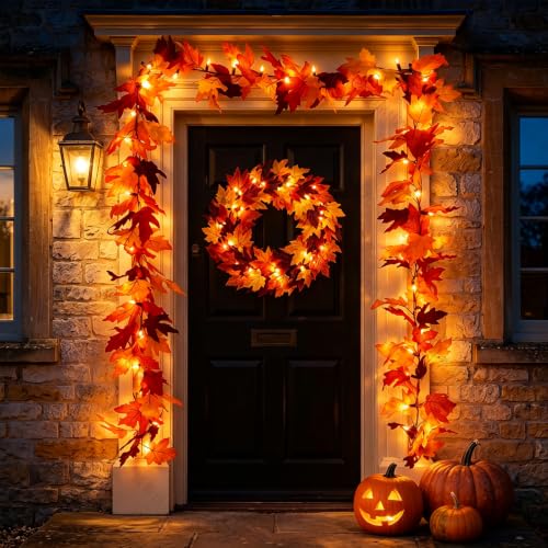 2 Pack 12Ft 50 LED Fall Garland with Lights,8 Modes Waterproof