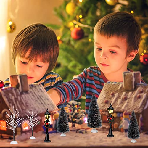 Mini Christmas Trees and Lamp Post Set - Winter Village Decor, 12 pcs