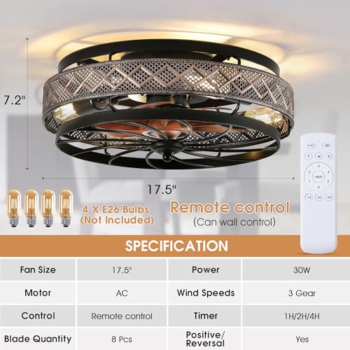 18-Inch Black Small Low Profile Ceiling Fan with Lights & Remote - Reversible & Quiet