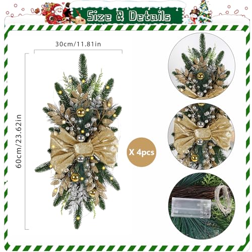 INSUNSIX 4PCS Gold Christmas Teardrop Swags Prelit 24-Inch Stairway Decor