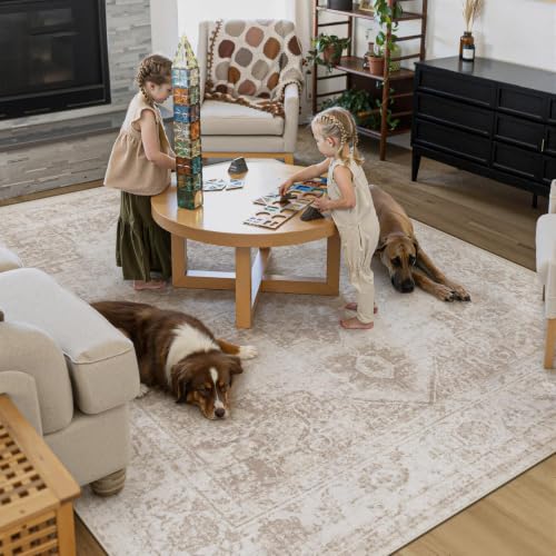 Zomfy 8x10 Beige Vintage Washable Area Rug - Distressed Indoor Floor Carpet