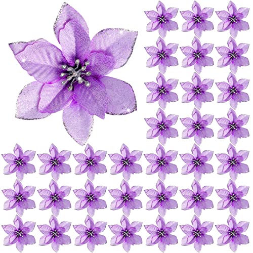 WILLBOND 45pcs Purple Glitter Poinsettia Artificial Christmas Flowers