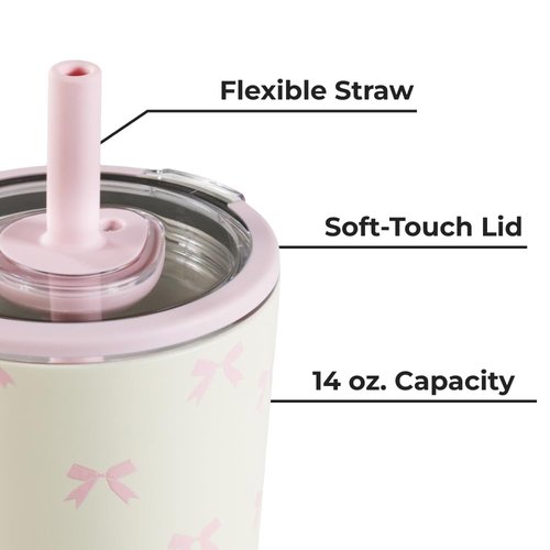 HydroJug Everyday Tumbler 14 oz – Ceramic-Lined Insulated Tumbler with Straw and Soft-Touch Lid, Cup Holder Friendly, Double-Wall Vacuum Insulation, Reusable Travel Cup – Bows
