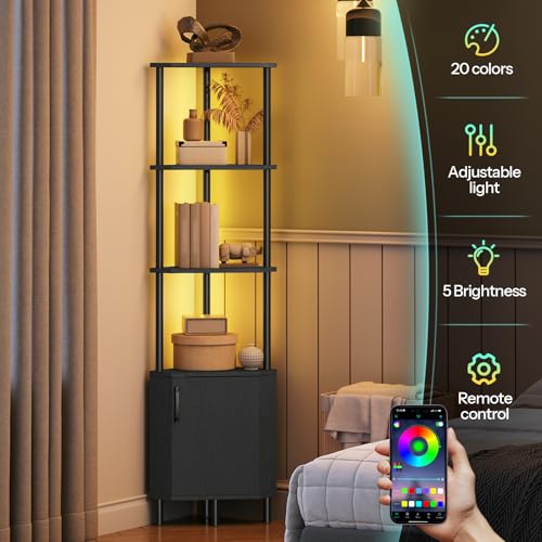 HOOBRO Black Corner Shelf Cabinet with LED Light, 5-Tier Industrial Storage