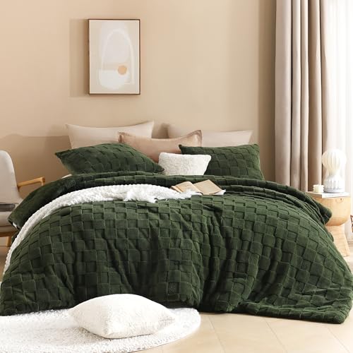 Queen Fluffy Comforter Set with Pillowcases - Olive Green 3-Piece Bedding