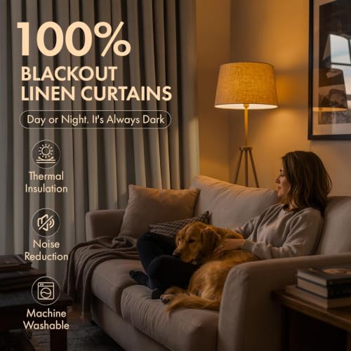 MIULEE Blackout Linen Curtains 2 Panels 50"W x 108"L Natural Pinch Pleated