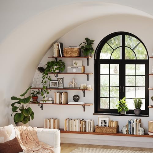 DINZI LVJ Rustic Brown Wall Mounted Shelves Set of 2, 31.5 Inch Long Floating Shelves with Metal Brackets