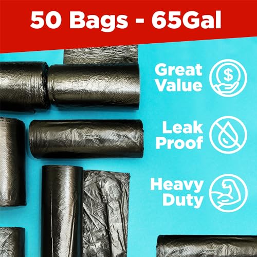 Heavy Duty 65 Gallon Contractor Trash Bags - 50 Pack, Black, 1.2 Mil Thick