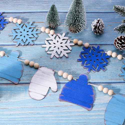 2 Pcs 84 Inches Winter Wood Bead Garland Rustic Wooden Snowflake Hat Gloves Banner Winter Snowflake Blue White Farmhouse Decorations Hello Winter Garland for Winter Holiday Home Fireplace Doorway