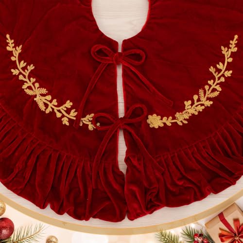 Sotiff 36 Inch Burgundy Velvet Christmas Tree Skirt with Gold Embroidery - Classic Wine Red