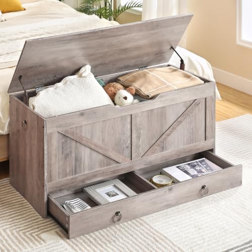 HOOBRO Greige 39.3" Wooden Storage Chest with Drawer, Safety Hinge, Entryway Bench