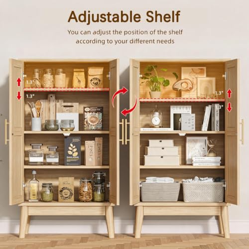 Tall Bathroom Storage Cabinet with Doors - 43 Inch Rattan Cabinet, Natural Oak Finish
