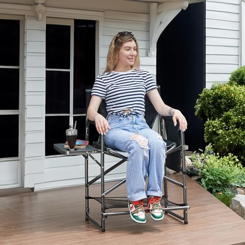 Ever Advanced 23.2-Inch Grey Medium Tall Director's Chair with Side Table & Cup Holder