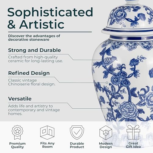 NESS AND JORD Blue 18" Ceramic Chinoiserie Ginger Jar with Lid, Large Tabletop Decor