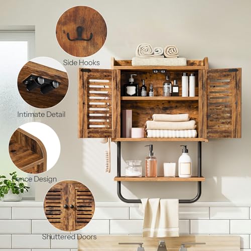 HOOBRO Wall Cabinet for Bathroom Kitchen Rustic Brown & Black, Double Doors, Towel Bar, Adjustable Shelf