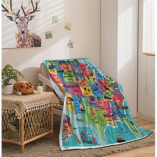 Kids USA Throw Blanket, Fun Facts Geography Camping Blankets and Throws for Bed, Animal Map Fleece Flannel Blanket for Sofa Couch Girls Boys Children Room Decor,50X60in