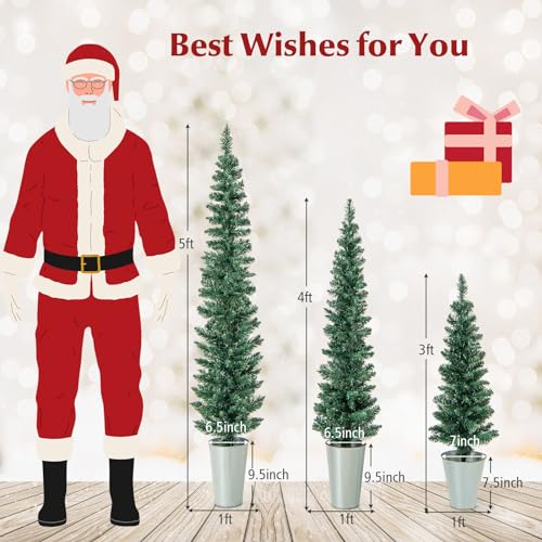 Set of 3 Slim Potted Artificial Christmas Trees with Iron Buckets, Outdoor Yard Decor