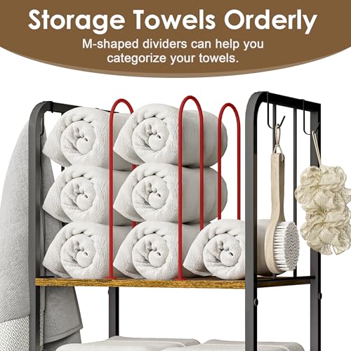Brown 3-Tier Freestanding Metal Towel Rack Cabinet with Hooks and Detachable Dividers