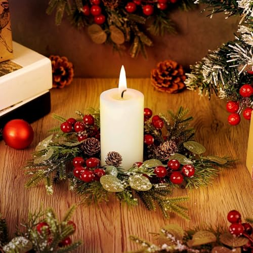 8 Pcs Mini Christmas Candle Ring Set for Cabinet - Artificial Wreaths with Berries & Pinecones (YLOLUL)