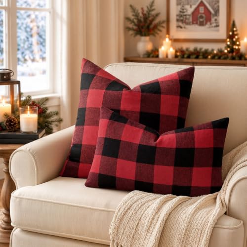 MIULEE 18x18 Inch Christmas Plaid Pillow Covers 2-Pack Black & Red