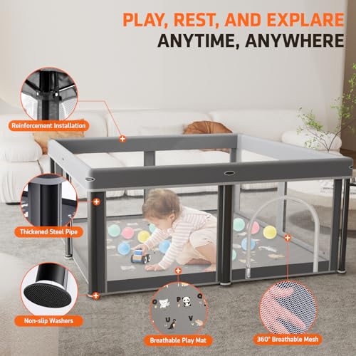 Foldable Baby Playpen with Mat,50"×50" Collapsible Playard for Babies