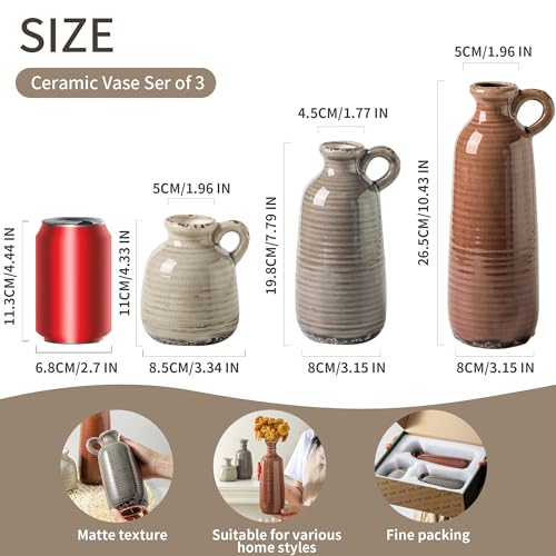 Ooit Brown Ceramic Vase Set of 3 Rustic Farmhouse Home Decor with Handles