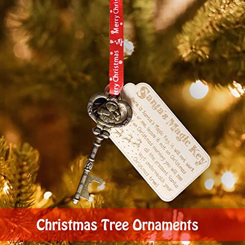 Vintage Santa Claus Christmas Ornament - Santas Magic Key for No Chimney Houses, Wood Engraved Wooden Tag and Red Bag and Ribbon