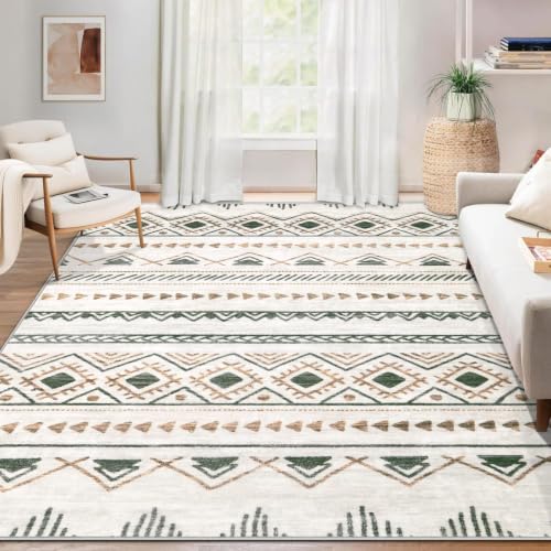 Aoyaomi 6x9 ft Washable Boho Moroccan Area Rug, Non-Slip Geometric Floor Carpet for Living Room & Bedroom, Brown/Green