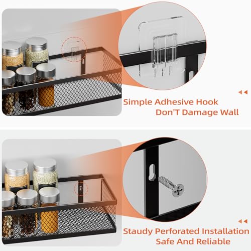 Black Wall Mount Spice Rack Set - 4 Pack Pantry & Kitchen Organizer