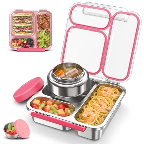 Kids Pink Stainless Steel Bento Box Set with 7oz Soup Thermo & 3 Compartments
