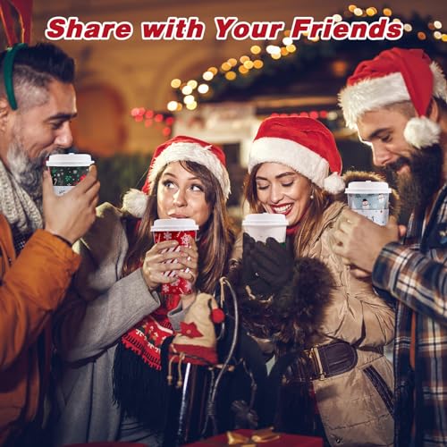50 Pack Christmas Coffee Cups with Lids & Sleeves, 16 oz - Five Designs, 10 Each - Bapmnicc