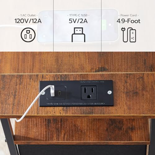 HOOBRO Rustic Brown & Black Narrow End Table with Charging Station - 7.8"L x 18.9"W x 23.6"H, 2 Drawers, Slim Nightstand for Small Spaces