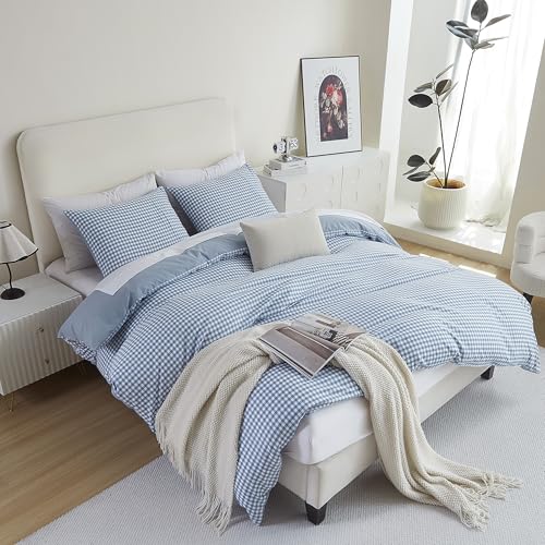 Queen Comforter Set - Blue Gingham Reversible Bedding 3 Pieces
