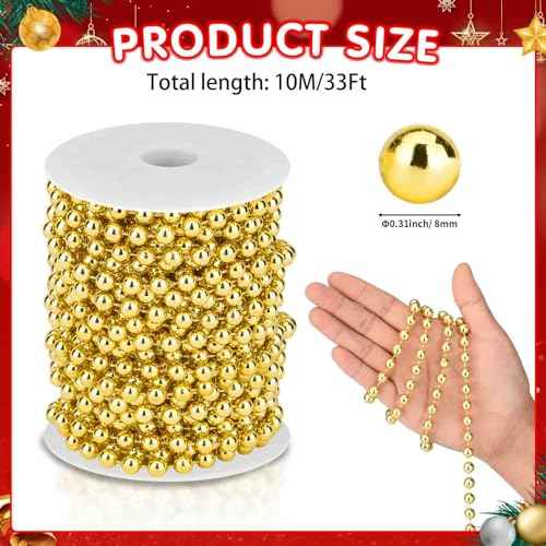 33 Feet Christmas Tree Beads Garland Artificial Pearls Beads Garland Plastic Pearl Strands Chain Beaded Garlands for Holiday D?cor and Christmas Party Wedding DIY Decoration Supplies (Gold)