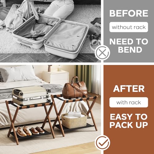 Walnut Luggage Rack Set of 2 - Foldable Suitcase Stand with Storage Shelf