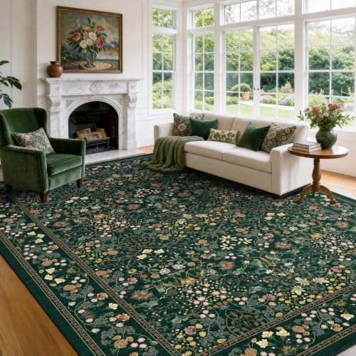 Amada Floral Washable Area Rug 8x10 Dark Green - Non-Slip, Durable, Soft