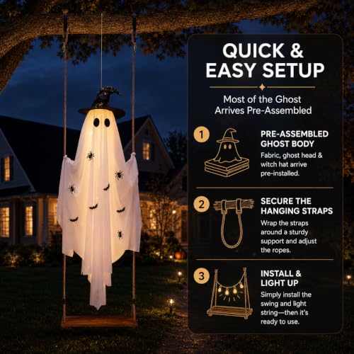 CRILARY White 5.9ft Halloween Swinging Ghost Outdoor Decor with Lights