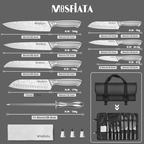 MOSFiATA 12-Piece Kitchen Knife Set with Storage Roll Bag & Sharpening Rod - Japanese Stainless Steel, Dishwasher Safe, Outdoor & Home Use