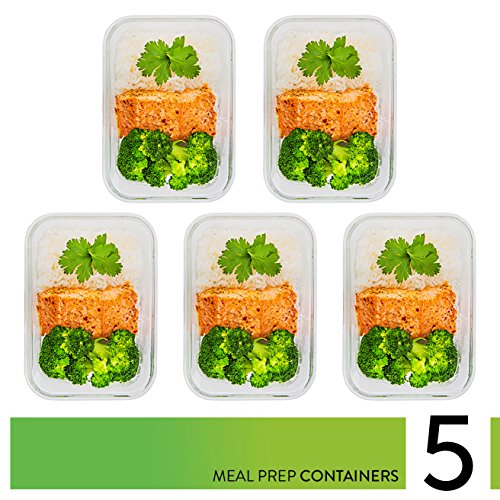 Glass Meal Prep Containers 36oz 5 Pack - 1 Compartment, Airtight Lids