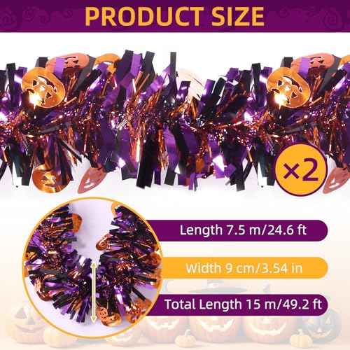50 Feet Halloween Tinsel Garland Orange Purple Black Pumpkin Holiday Metallic Tinsel Twist Hanging Decorations for Birthday Halloween Party Supplies Indoor Outdoor Decoration (Pumpkin)