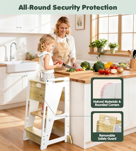 White Toddler Kitchen Helper Stool - Adjustable 3-Level Wooden Learning Step for Kids