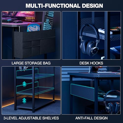 Acrolix 40-Inch L-Shaped Gaming Desk with Power Outlets - Reversible Shelves, Black Carbon