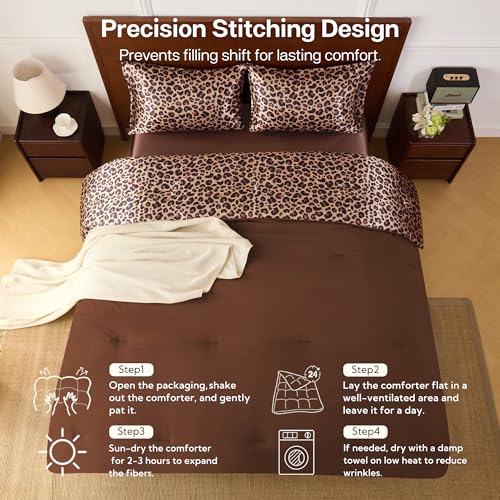 Queen Comforter Set Brown Leopard Reversible Satin Microfiber Bedding 3 Pieces - 10 Variation