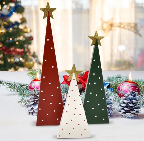 Set of 3 Wooden Christmas Tree Decorations for Holiday Table Centerpiece