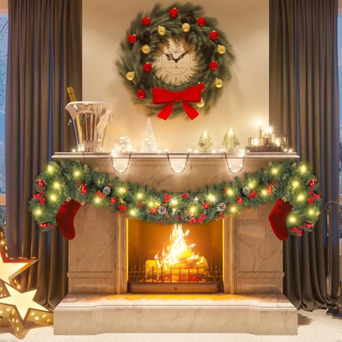 Ceenna 15ft Prelit Christmas Garland with 100 LED Lights Berry Bow