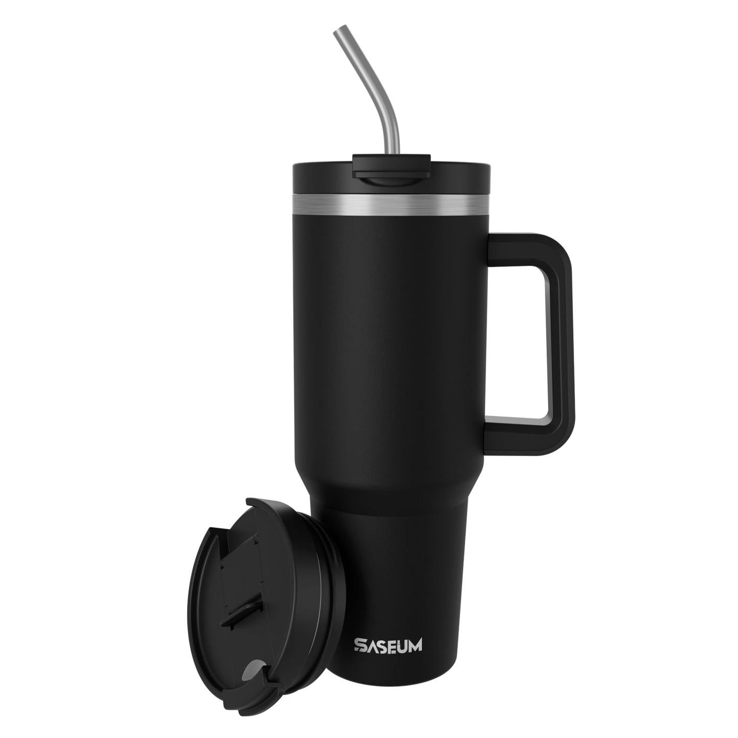 SASEUM 40 oz Tumbler with Handle and Straw, 2-in-1 Sip & Straw Lid, Vacuum Insulated Stainless Steel Travel Mug, Cup Holder Friendly, Black