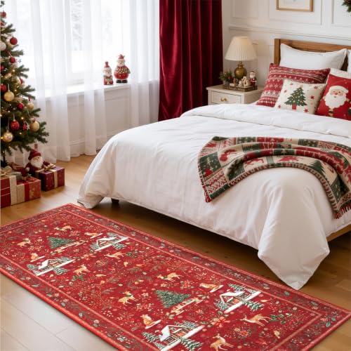 RUGVIGO Christmas Runner Rug 2' x 6' Non-Slip Washable Red