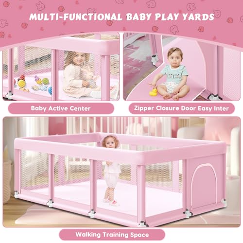Large Baby Playpen 74x50 Inch Pink Baby Playard for Indoor & Outdoor Safety