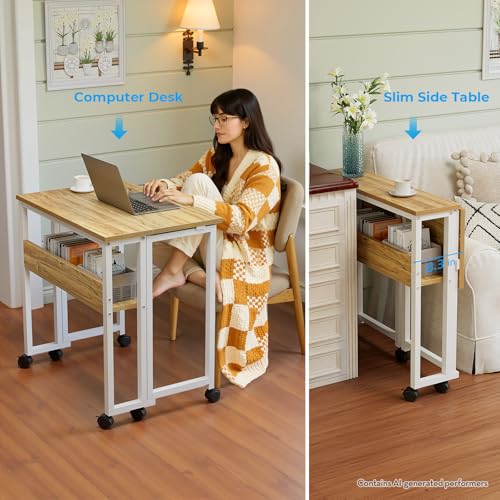 GreenForest Folding Desk with Wheels - 31.5 Inch Oak Rolling Table for Small Spaces